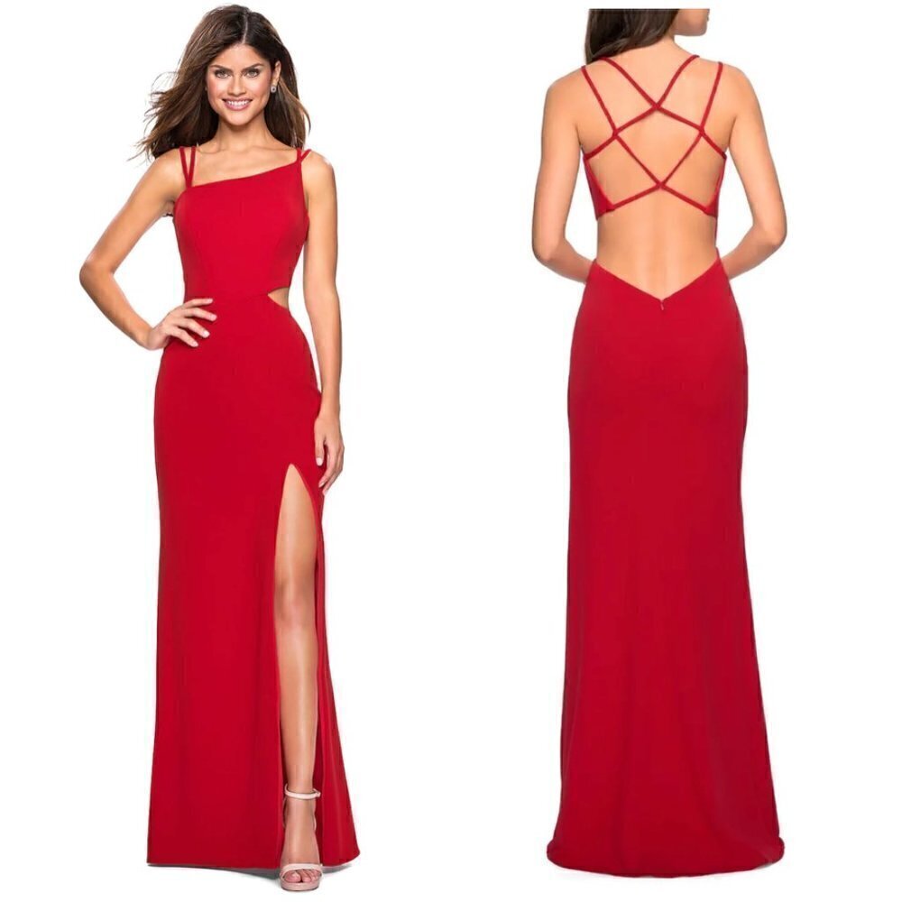LA FEMME High Slit Strappy Back Gown in Red Size US 6